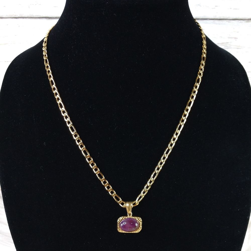 Savvy Cie 20" Figaro Chain Necklace Amethyst Pendant 18K Gold Stainless Steel